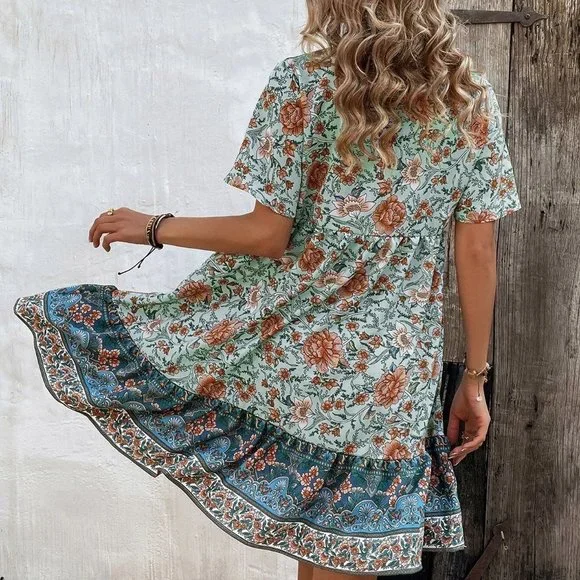 Multicolor Boho Womens Floral Print Tie Neck Smock Dress - Picture 2 of 5